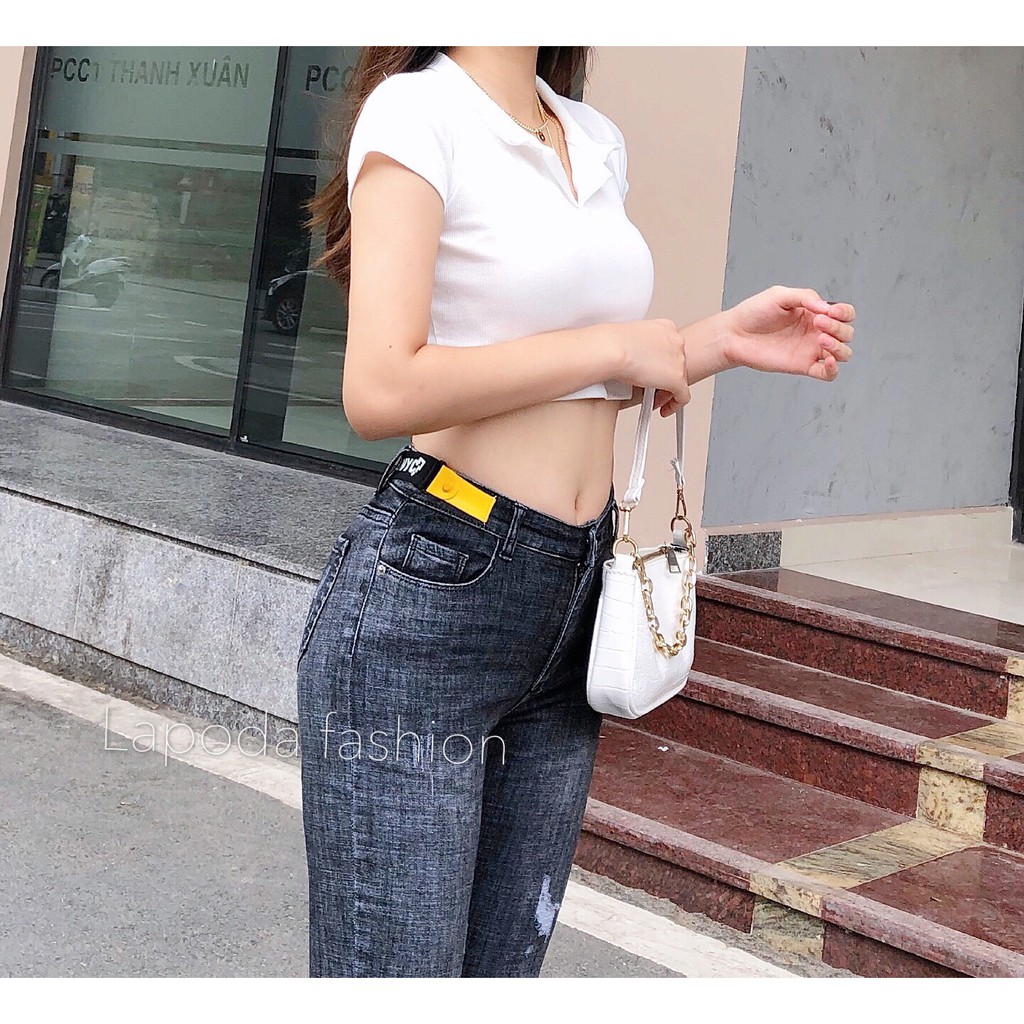 Quần Jean Nữ Skinny Cạp Cao KAVO BLUE Dáng Ôm Sát Màu Đen Xước M9-1-49