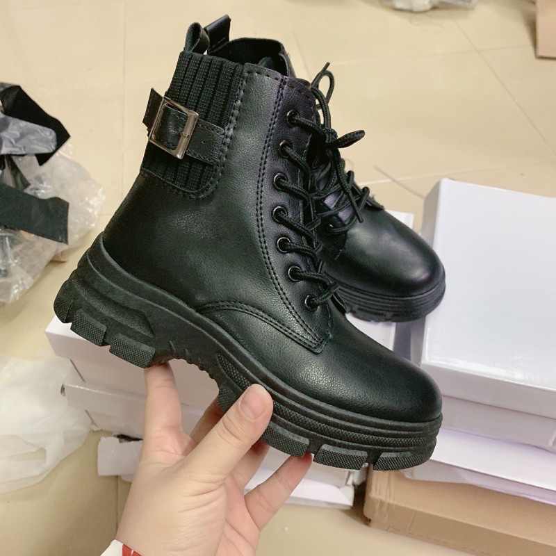 Bốt cao cấp cổ chu đai cài đế ulzzang cao 5p max tôn dáng kéo dài chân
