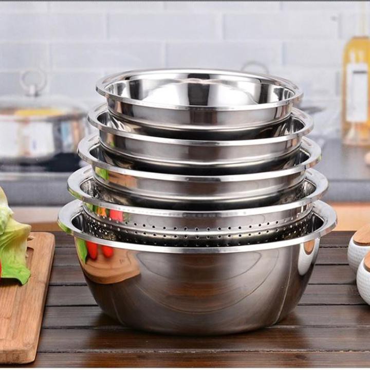 Bộ Thau Rổ Inox Nhà Bếp 5 Món Bằng Inox Đủ Size Từ 18 - 26Cm Tiện Dụng, Dày Dặn