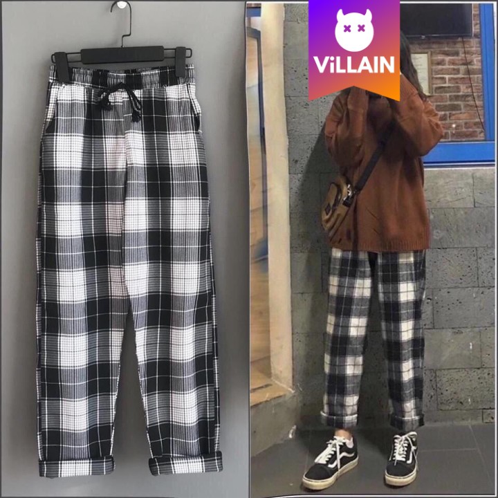 Quần Baggy ỐNG Rộng Co Giãn Caro Ống Suông Thun Unisex Nam Nữ Lamode - Villain