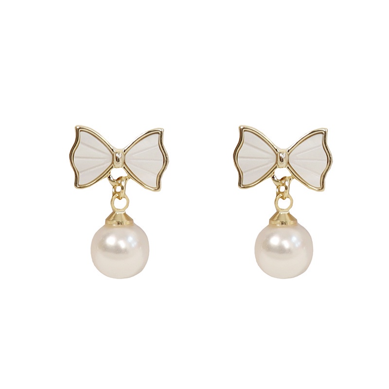 Bông Tai Hình Nơ Đính Ngọc Trai Dễ Thương Phong Cách Hàn Quốc