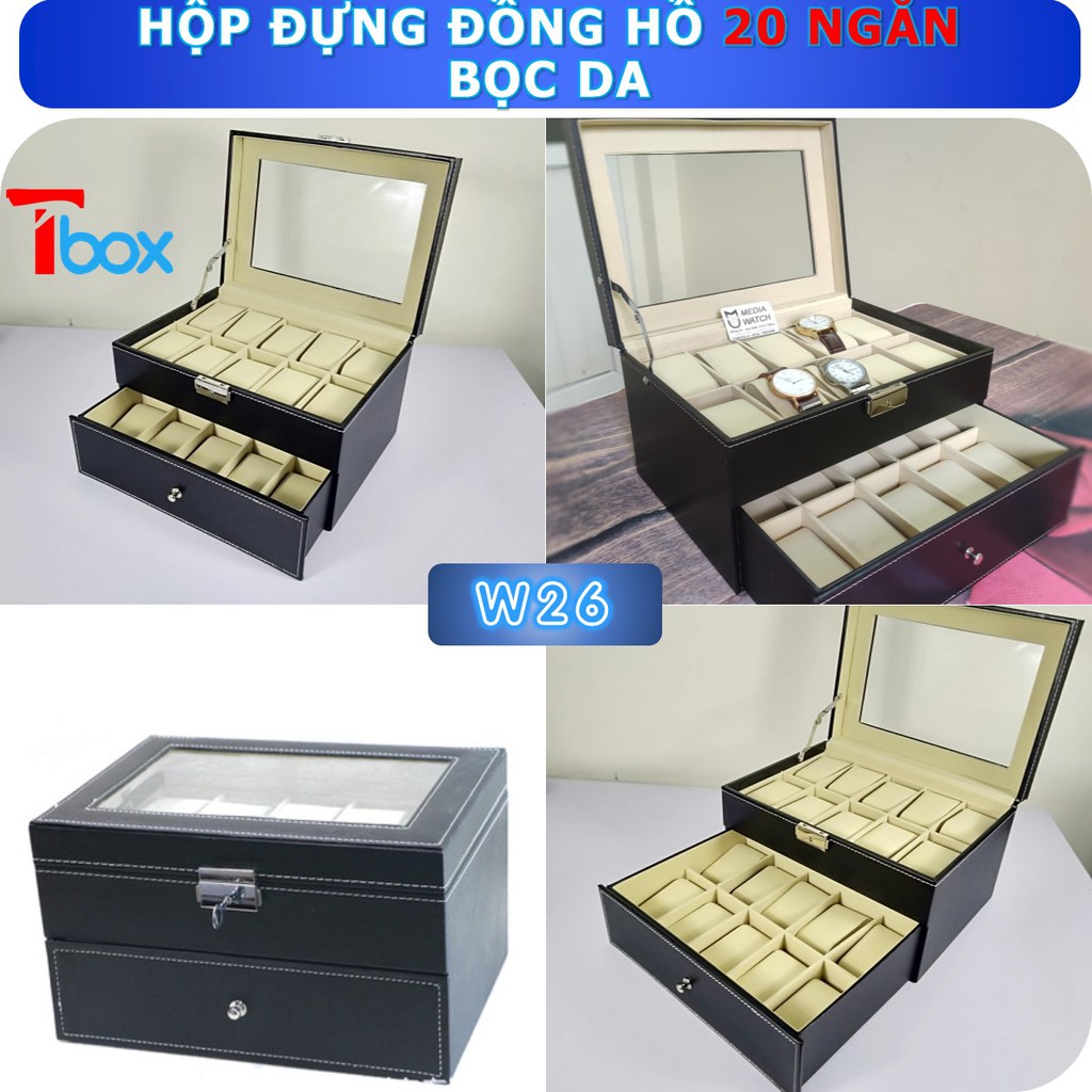 Hộp đựng Đồng hồ da nhiều ngăn Hộp Đồng hồ hộp da cao cấp, lớp trong bọc nỉ, khóa chốt chắc chắn, mặt trên kính nhựa