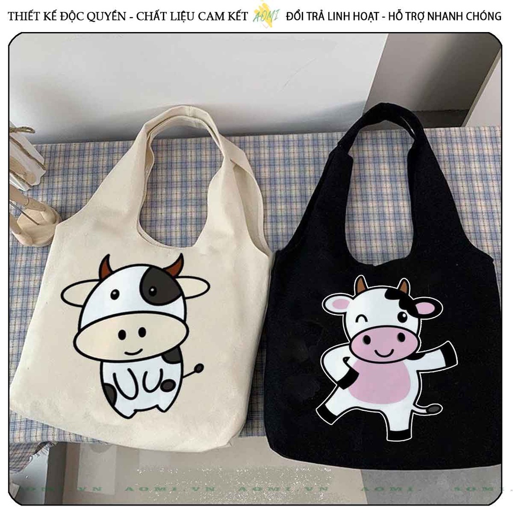 TOTE CANVAS bò sữa milk FORM TRÒN TÚI VẢI ĐEO VAI BAG NÚT BẤM SIZE LỚN AOMIVN DU LỊCH DẠO PHỐ CÁ TÍNH