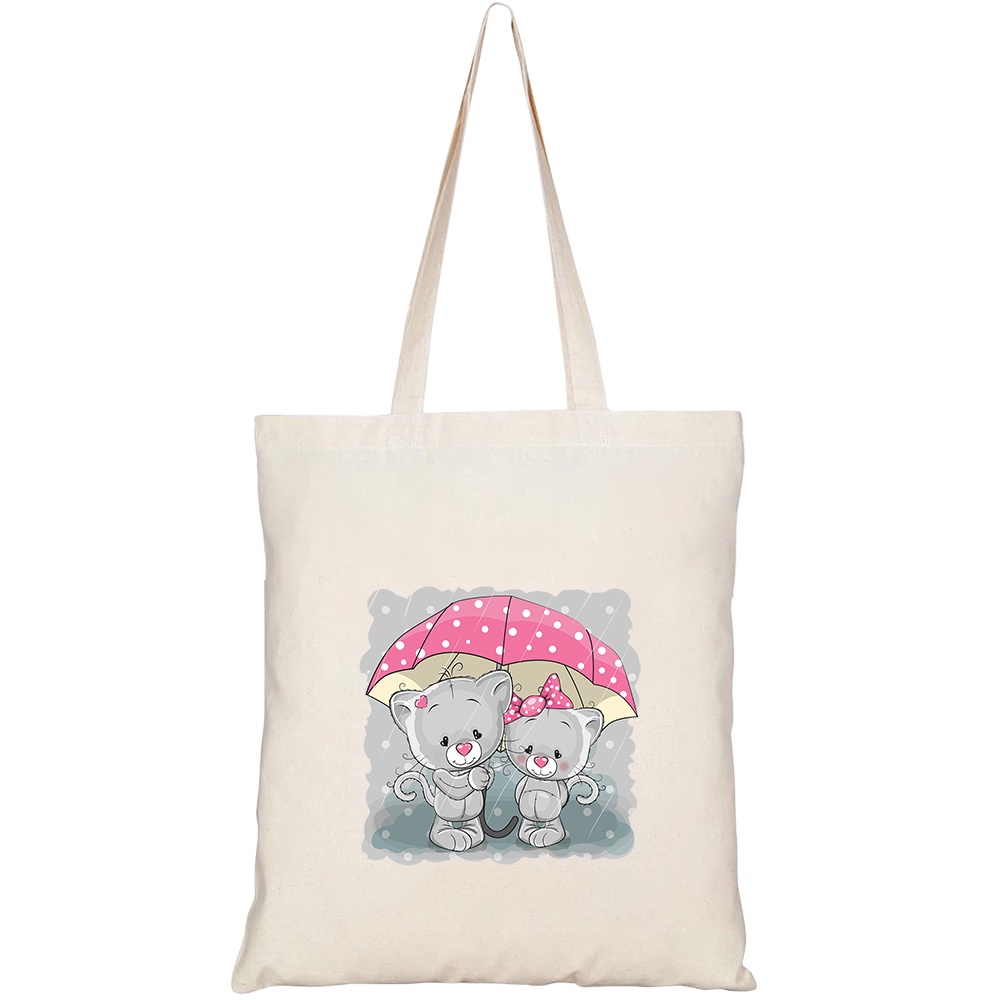 Túi vải tote canvas HTFashion in hình two cute cartoon kittens umbrella HT514