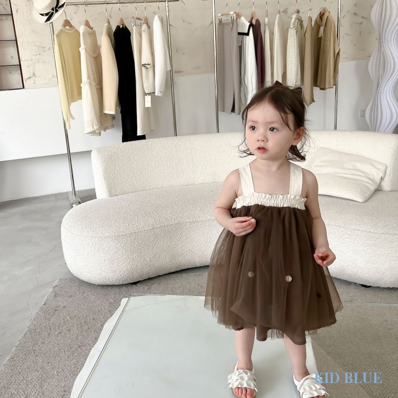 Đầm Công Chúa Hai Dây Phối Lưới Thắt Nơ Phong Cách Hàn Quốc Thời Trang Mùa Hè Cho Bé Gái