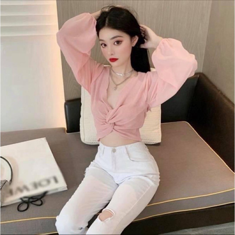 Áo kiểu croptop nữ tay dài phồng voan lưới xoắn eo trơn - Order taobao quảng châu