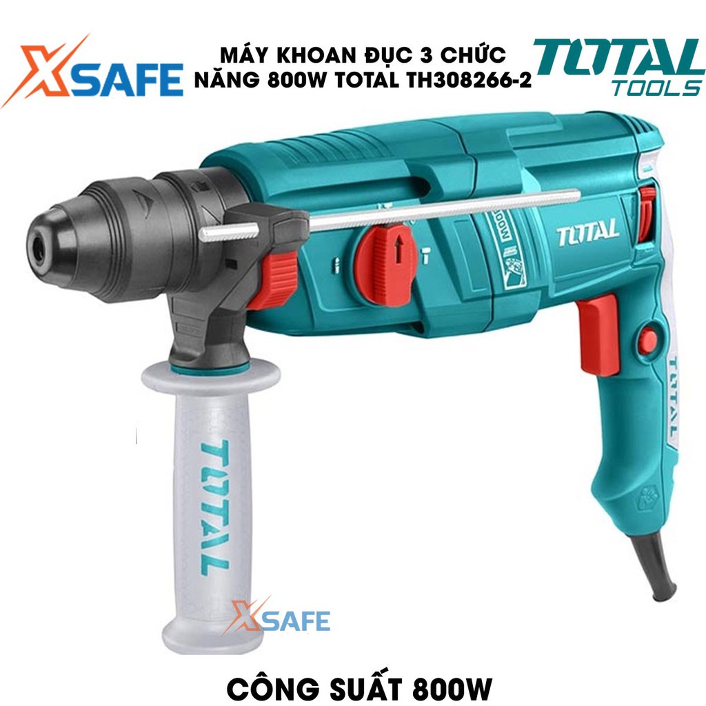 Máy khoan đục 3 chức năng 800W TOTAL TH308268-2 Kèm 3 mũi khoan gài 2 mũi khoan đục Máy khoan đục cầm tay chính hãng