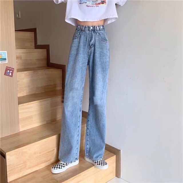 Quần Jean Nữ Ống Suông Dài màu xanh nhạt có Nút điều chỉnh eo ( ống rộng vừa) BC202 | BigBuy360 - bigbuy360.vn