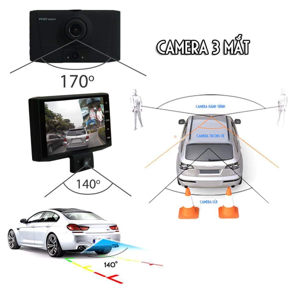 Camera hành trình 3 mắt camera, Màn hình 4 inch, độ phân giải camera Full HD, góc quay rộng | BigBuy360 - bigbuy360.vn