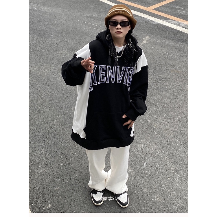 Áo sweater Có Mũ Trùm Dáng Rộng Cỡ Lớn Màu Sắc Tương Phản Kiểu Đường Phố Âu Mỹ Thời Trang Mùa Thu 2022 Mới Cho Nữ
