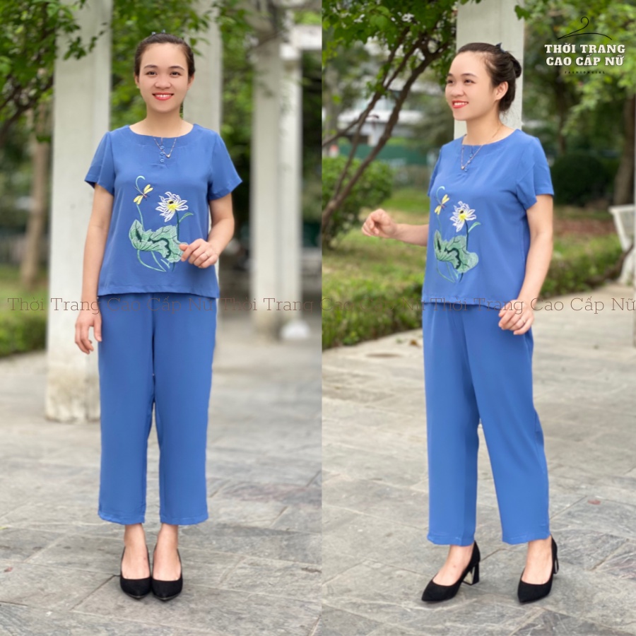 Đồ Bộ Trung Niên Nữ Mặc Nhà Chất Đũi Cao Cấp Thoáng Mát Không Nhăn, Áo Thêu Hoa Mẫu Bigsize TN15 MT.Shop