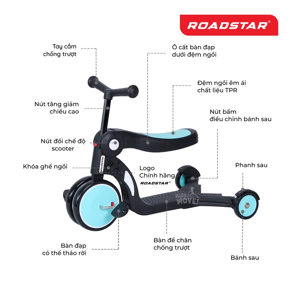 Xe scooter đa năng 5 trong 1 cho bé 1-6 tuổi kết hợp xe đạp 3 bánh và xe chòi chân thăng bằng ROADSTAR