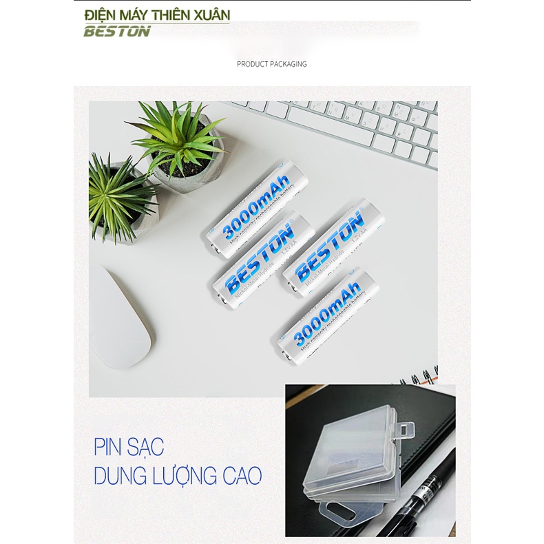 Sạc 8 Pin AA AAA Beston C9024, Mẩu mới 2023 sạc nhanh,tự ngắt khi đầy, đèn LED báo thông minh, dùng cho micro ,remote