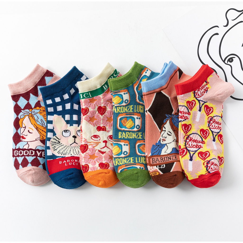 Vớ WAFNHA D237 vải cotton cổ thấp in hình mèo phong cách lolita dễ thương cho nữ