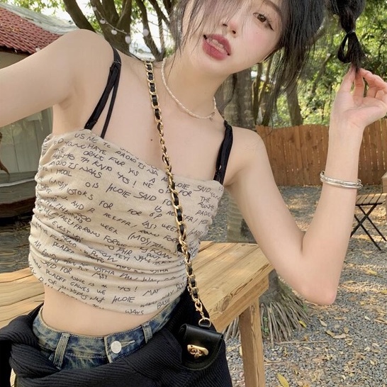 Áo Hai Dây Dáng Ngắn In Chữ Thời Trang Mùa Hè Phong Cách Mới Cho Nữ