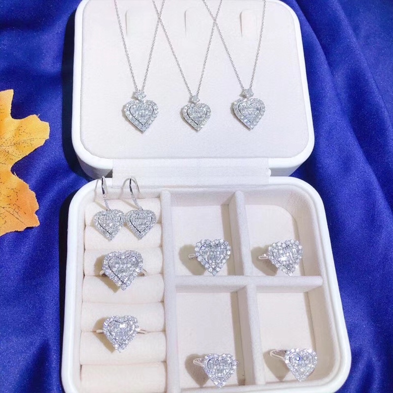 Bộ Vòng cổ + bông tai + nhẫn hình trái tim đính đá toàn diện