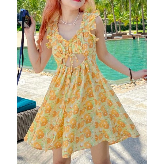 Ellie Dress - Đầm hoa cam cut out dáng xoè Remmus cho nữ