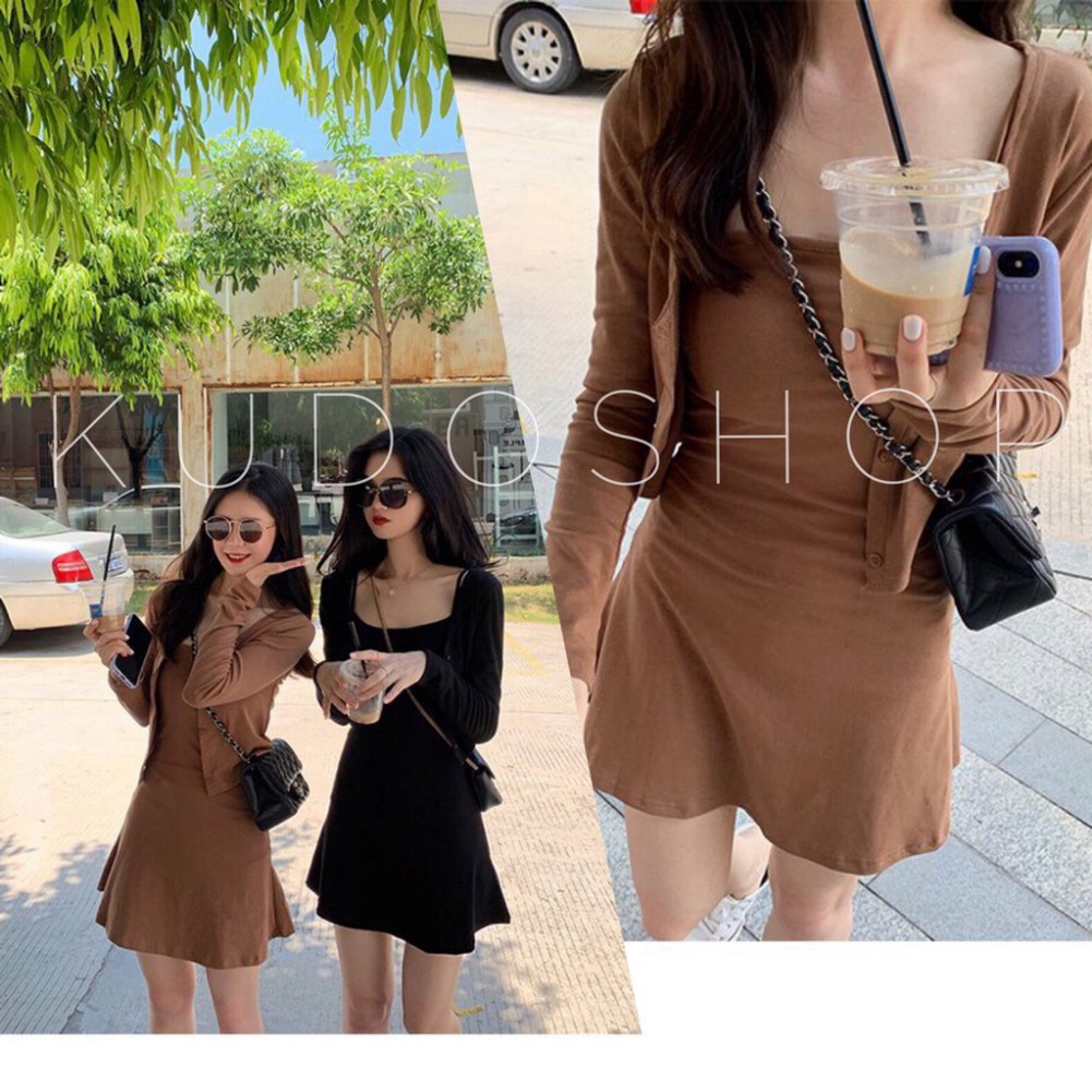 Set áo váy nữ ôm body trẻ trung cá tính / Set 2 món váy 2 dây áo cadigan dài tay_G.A.O Fashion