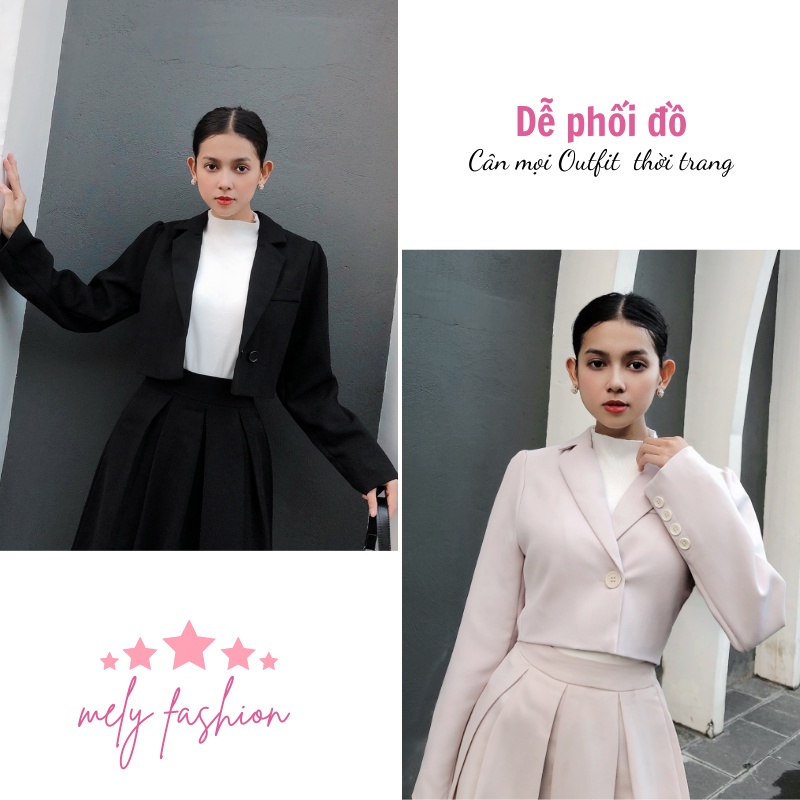 Áo khoác vest blazer croptop dài tay bồng hai lớp dáng ngắn lửng chất tuyết mưa 3 màu đen trắng be trẻ trung ASM06