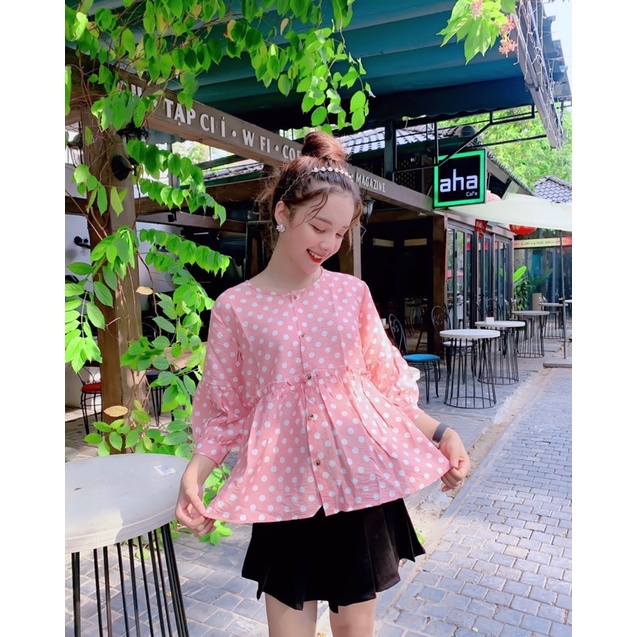 Áo bà bầu mùa hè tay lỡ chất tơ đũi chấm bi thiết kế cao cấp trẻ trung công sở