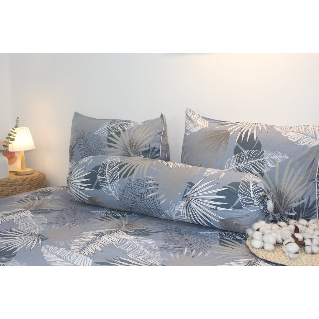 Bộ drap gối cotton TL - LÁ CỌ XÁM - chất vải  COTTON loại 1 dầy dặn, mềm mại, mát mẻ.