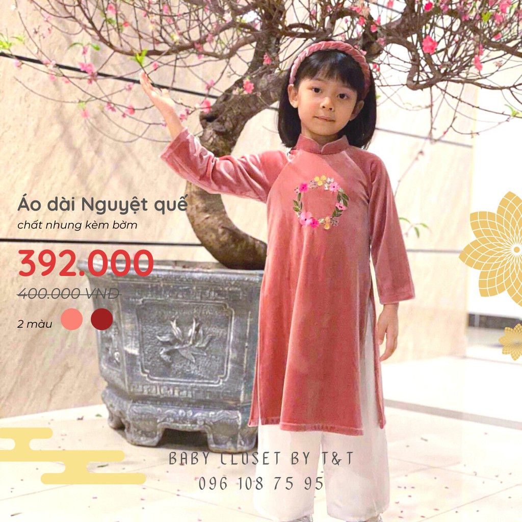 [HÀNG CAO CẤP] Áo dài Tết Nguyệt quế nhung kèm bờm bé gái - 2 màu: đỏ, hồng vỏ đỗ