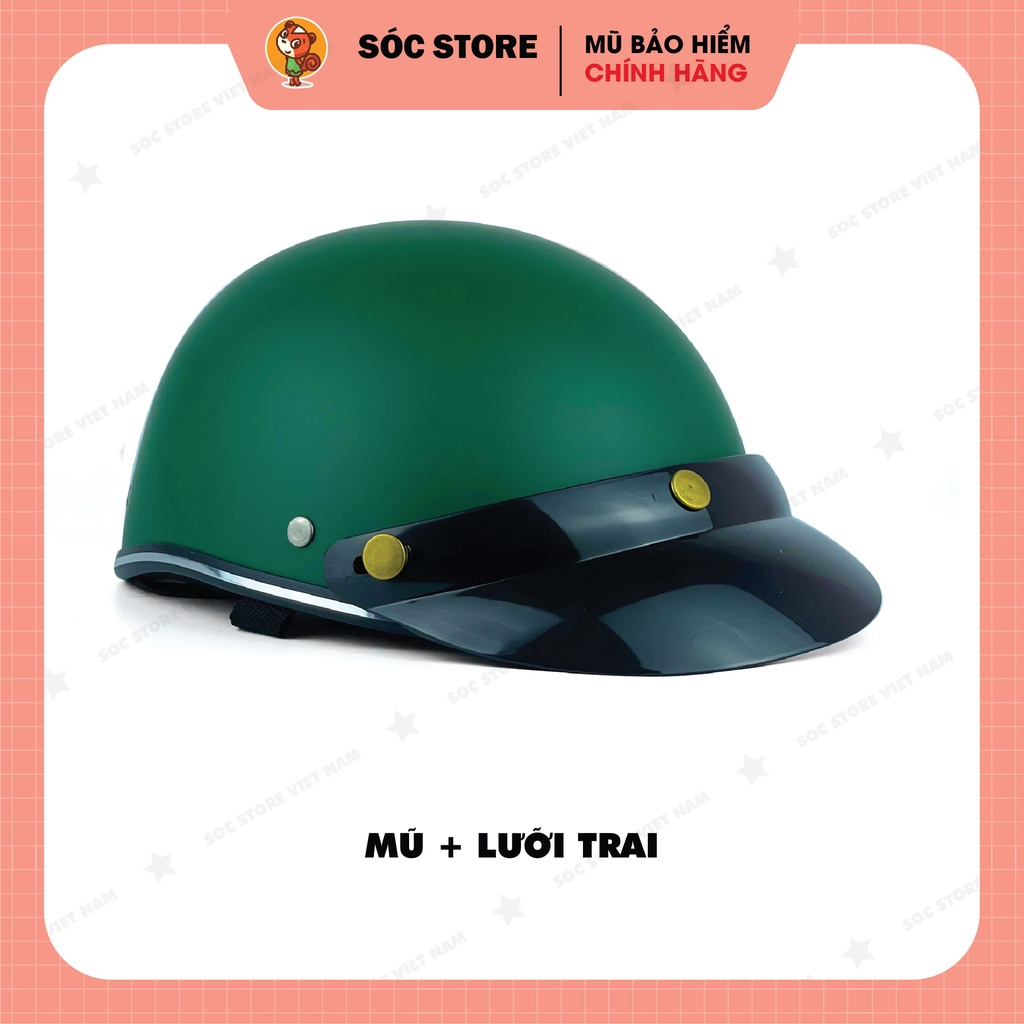 Mũ bảo hiểm nửa đầu chính hãng Sóc Store Vietnam màu xanh rêu kèm kính UV, kính phi công, nón bảo hiểm 1 phần 2 freesize