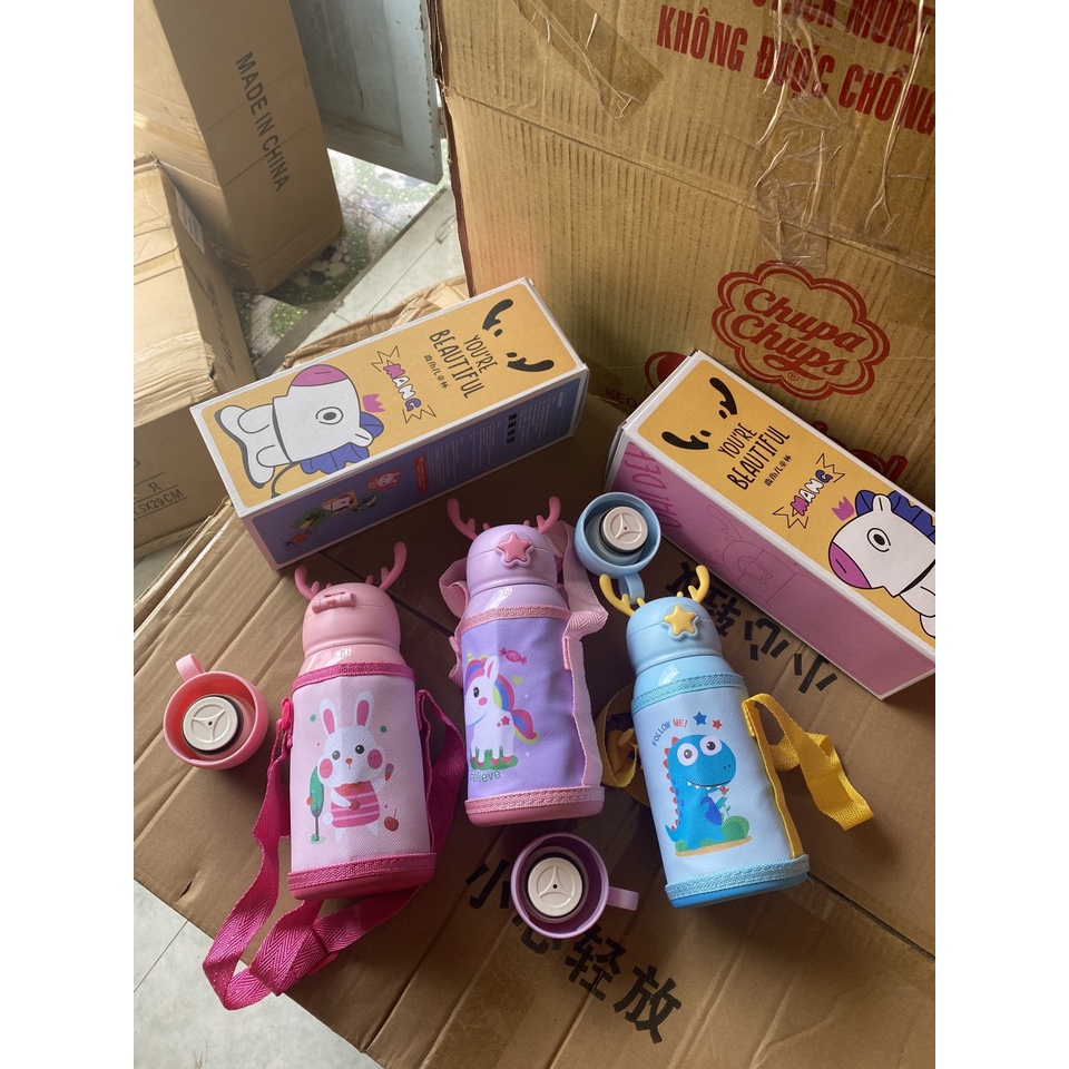 Bình nước 500ml 2 in 1 giữ nhiệt cho bé đi học, Tặng kèm túi xách