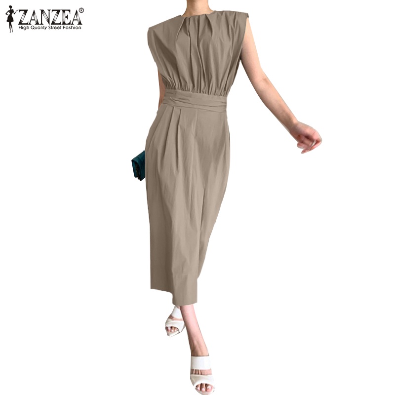 Đầm midi Zanzea không tay cổ tròn màu trơn có khóa kéo sau lưng thanh lịch dành cho nữ
