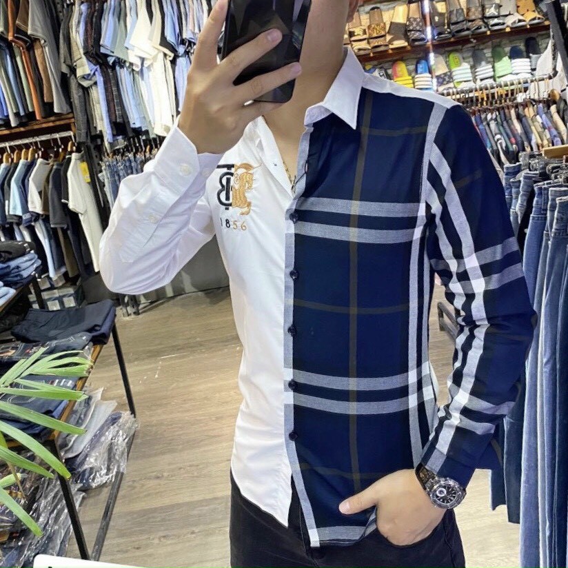 Áo sơ mi nam dài tay thêu logo BB mix caro vải kate lụa mềm mịn mặc mát, không nhăn