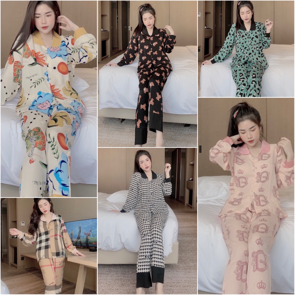 Bộ Lụa Pijama Tay Dài Họa Tiết - Hàng Chuẩn Đẹp