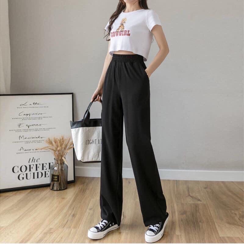 Quần dài nữ len tăm dáng suông - Culottes ống rộng cạp chun vintage màu ĐEN | TRẮNG phong cách ulzzang