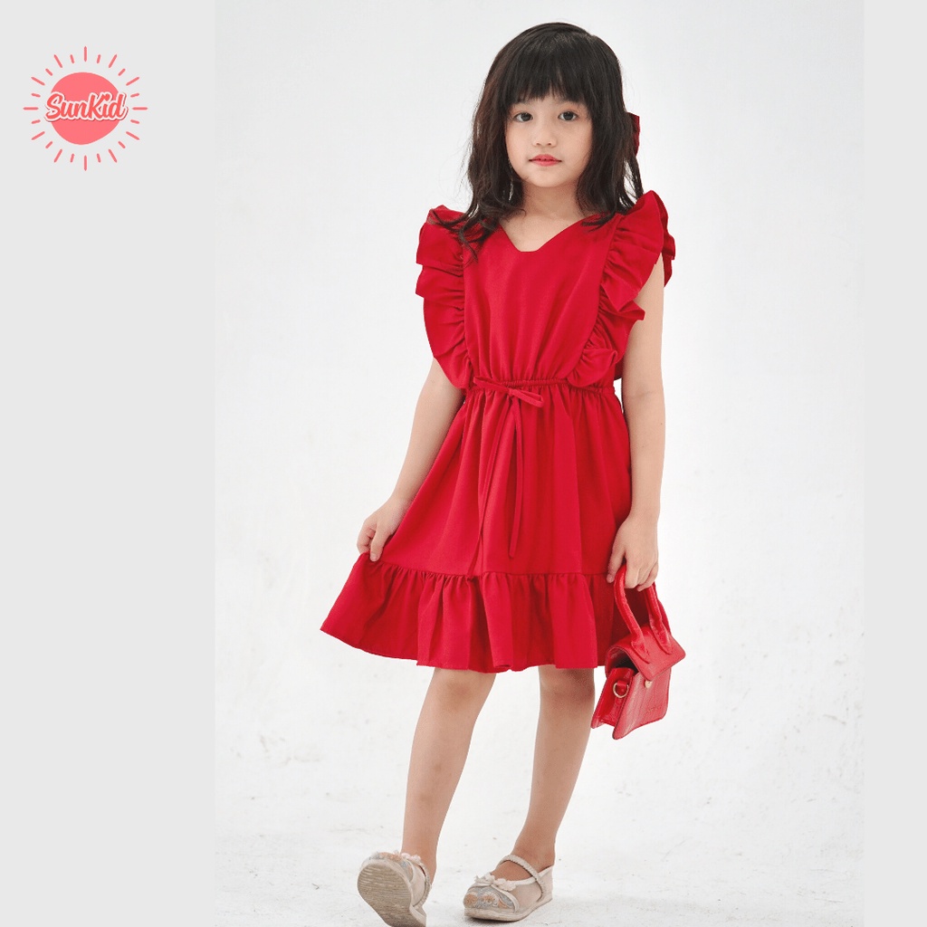 Váy bé gái dáng tay lơi kèm chun eo vải trượt nhật cao cấp mùa hè Sunkid SN11 màu đỏ size trẻ em 4-12 tuổi