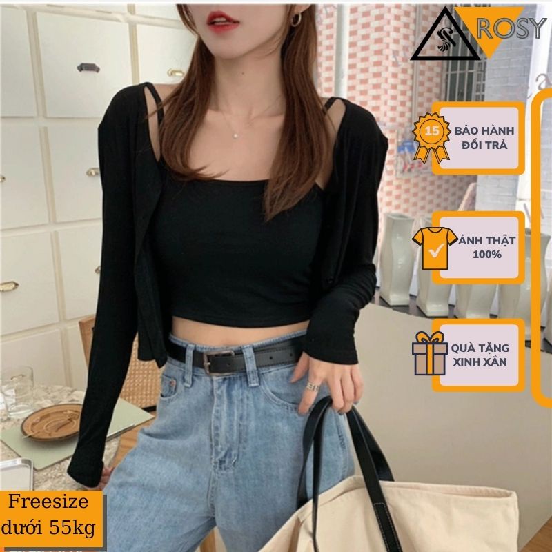 Set áo croptop 2 dây có khoác ngoài chất co giãn siêu xinh cho chị em
