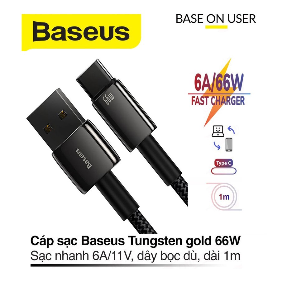 Cáp sạc nhanh 66W Baseus Tungsten Gold Type-C dây dù chống rối tốc độ truyền 480Mbps cho Android dài 100CM