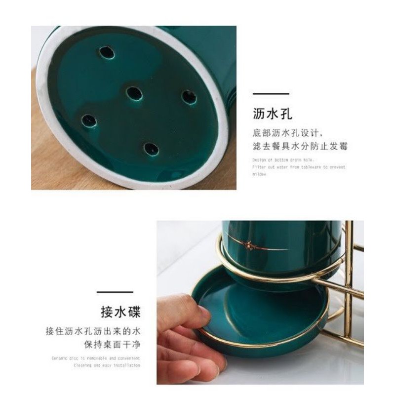 Ống đựng đũa đôi sứ xanh khung inox mạ vàng cao cấp (Hàng đẹp)