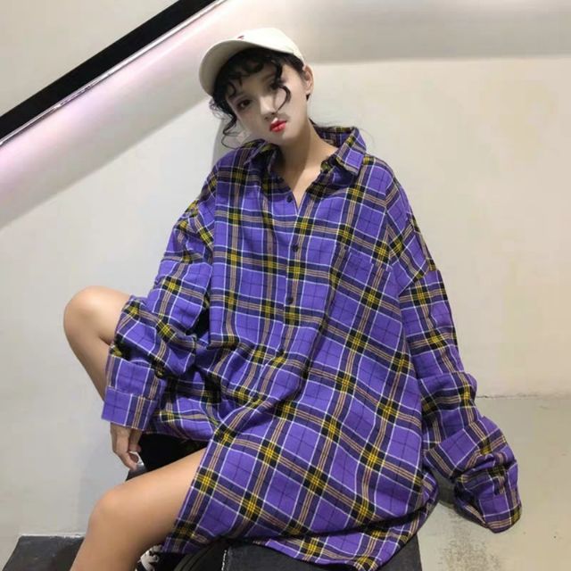 Áo sơ mi kẻ tím/nâu dáng dài rộng siêu chất 😍