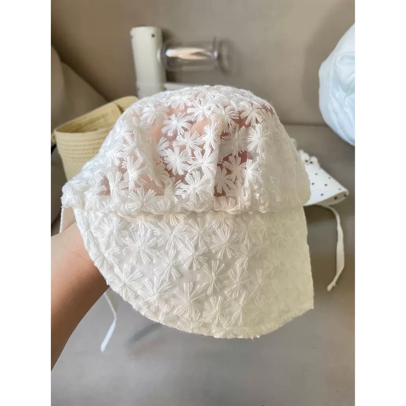 Mũ lưỡi trai tiểu thư cho bé gái Mũ vành rộng chống nắng tốt vải ren hoa điệu đà thoáng mát phong cách Hàn Quốc