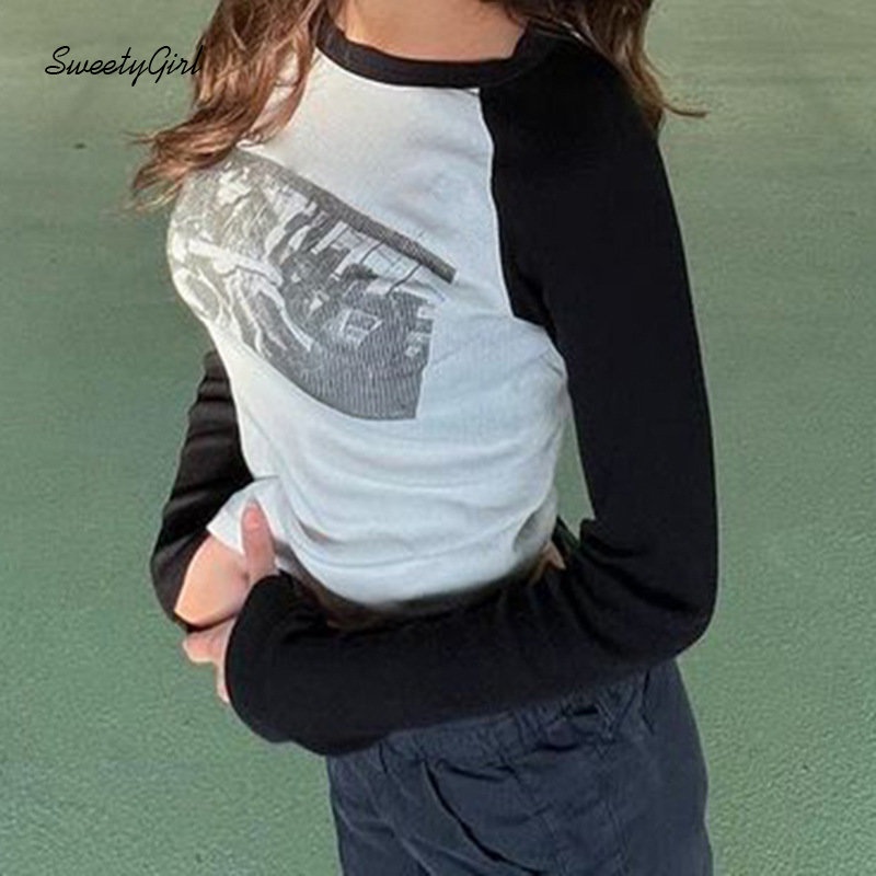 Áo Thun Tay Dài Cổ Tròn In Họa Tiết Màu Tương Phản Thời Trang 2022 Cho Nữ