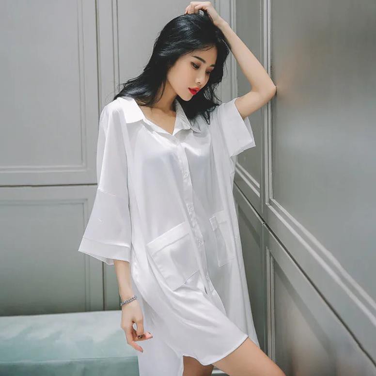 Váy Đầm Ngủ Sơ Mi Trắng, Đầm Sơ Mi Rộng Oversize  ཾ