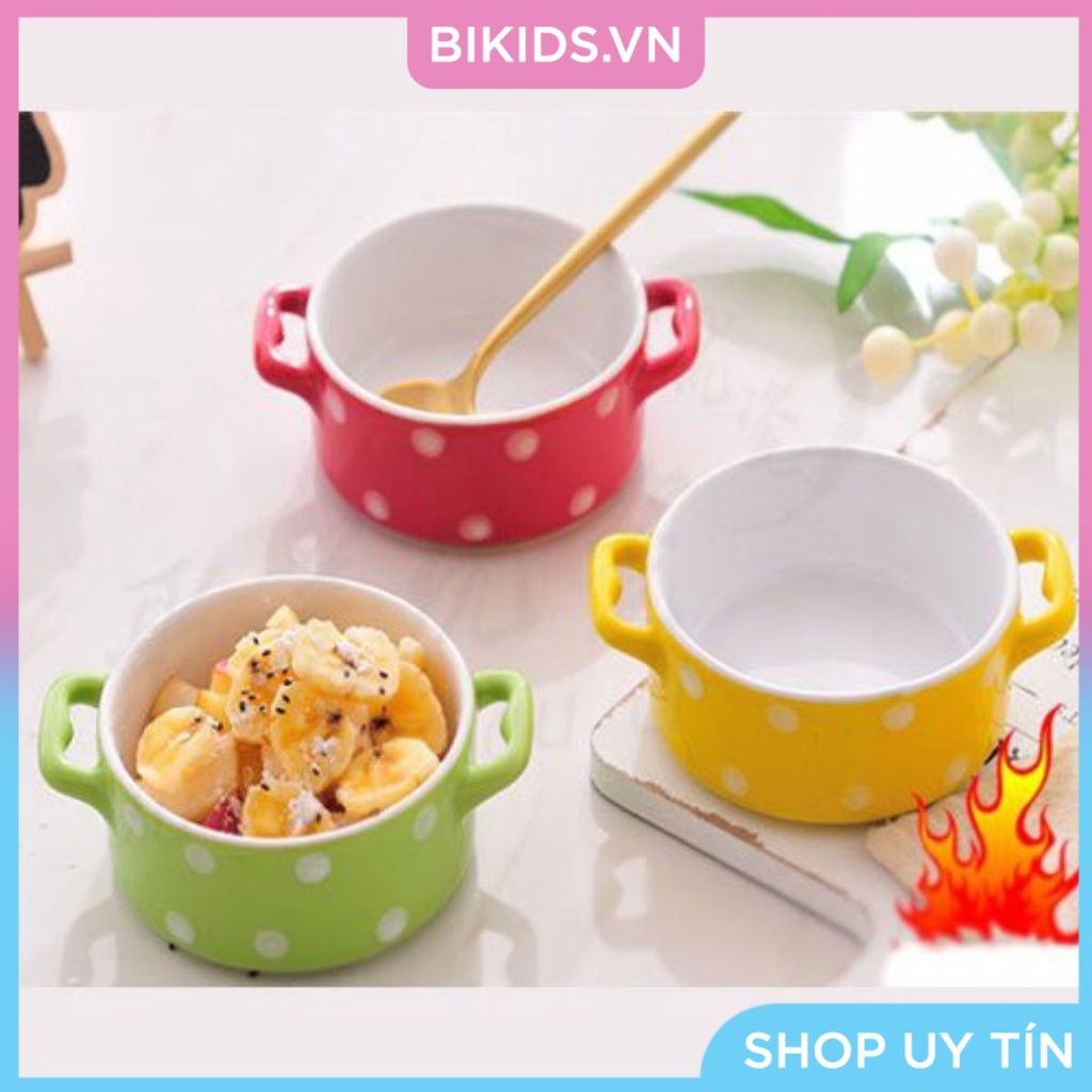 Bát ăn dặm kiểu nhật hình nồi 2 tai chấm bi