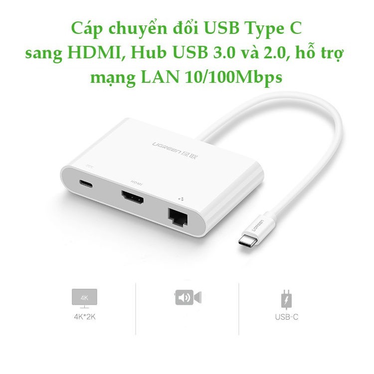 Cáp USB Type C to HDMI + LAN + 2USB/USBC chính hãng Ugreen 30440