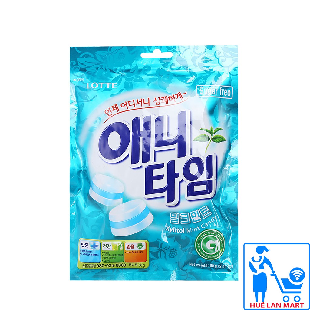 Kẹo Bạc Hà Hàn Quốc Lotte Anytime Không Đường Gói 60g