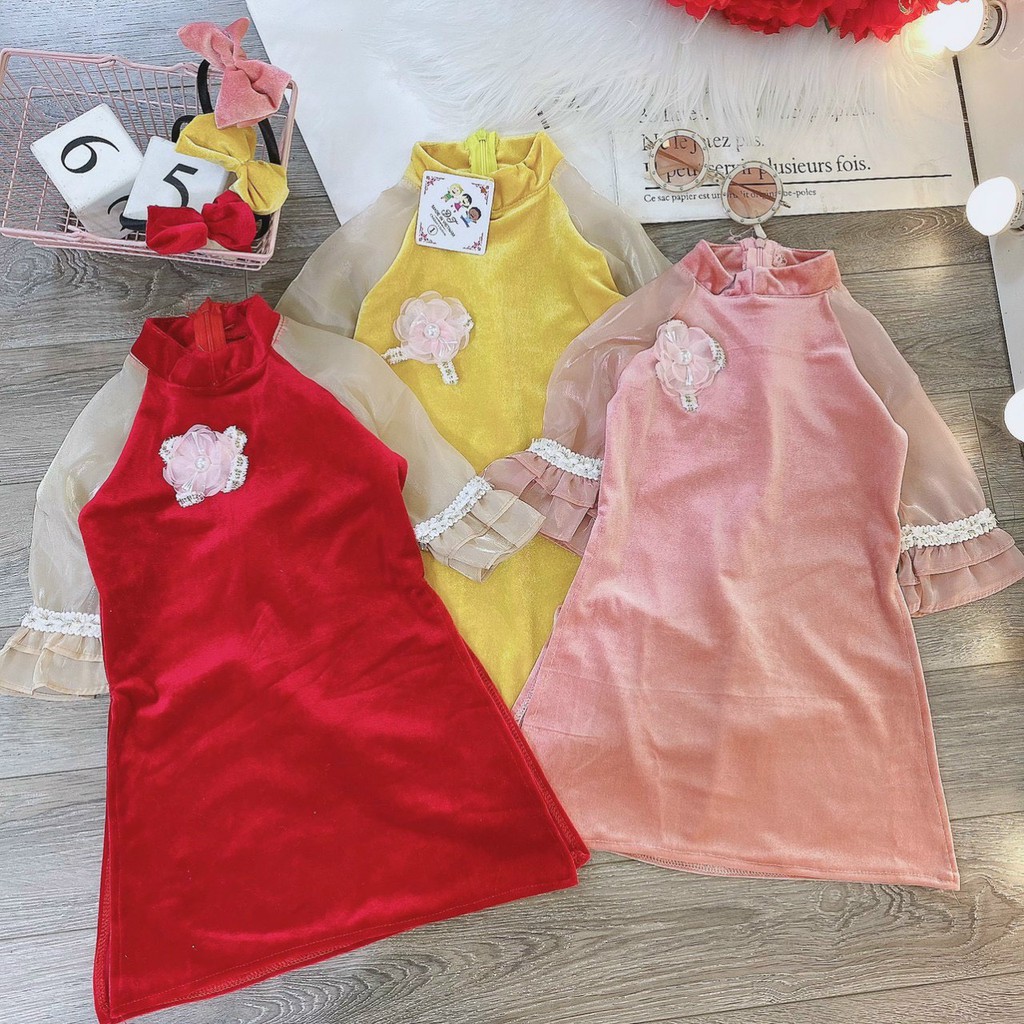 (10-20kg) Set áo dài trẻ em - áo dài nhung tặng kèm bờm nơ xinh cho bé gái QATE843