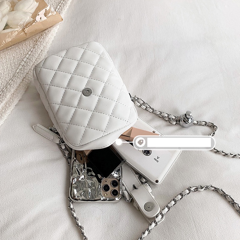 Túi đeo vai IELGY đựng điện thoại màu đen họa tiết hình thoi cho nữ