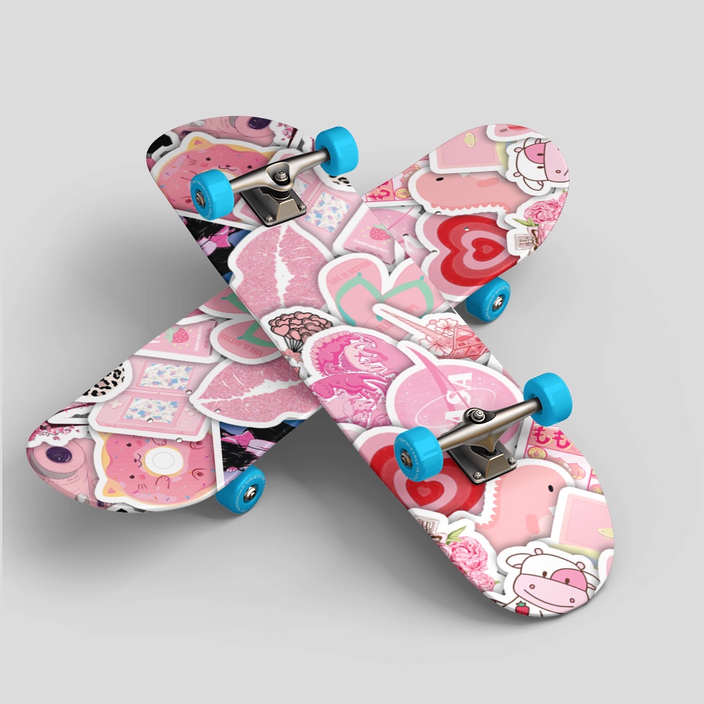 Set 50 cái Sticker màu hồng dán mũ bảo hiểm, hình dán Pink chống nước, decal màu Hồng trang trí laptop, điện thoại