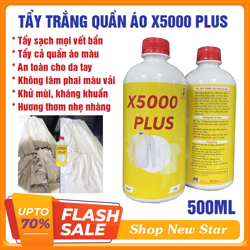 NƯỚC TẨY TRẮNG QUẦN ÁO X5000 PLUS DUNG TÍCH 500ML- TẨY SẠCH MỌI VẾT BẨN CHO CẢ QUẦN ÁO TRẮNG VÀ QUẦN ÁO MÀU.