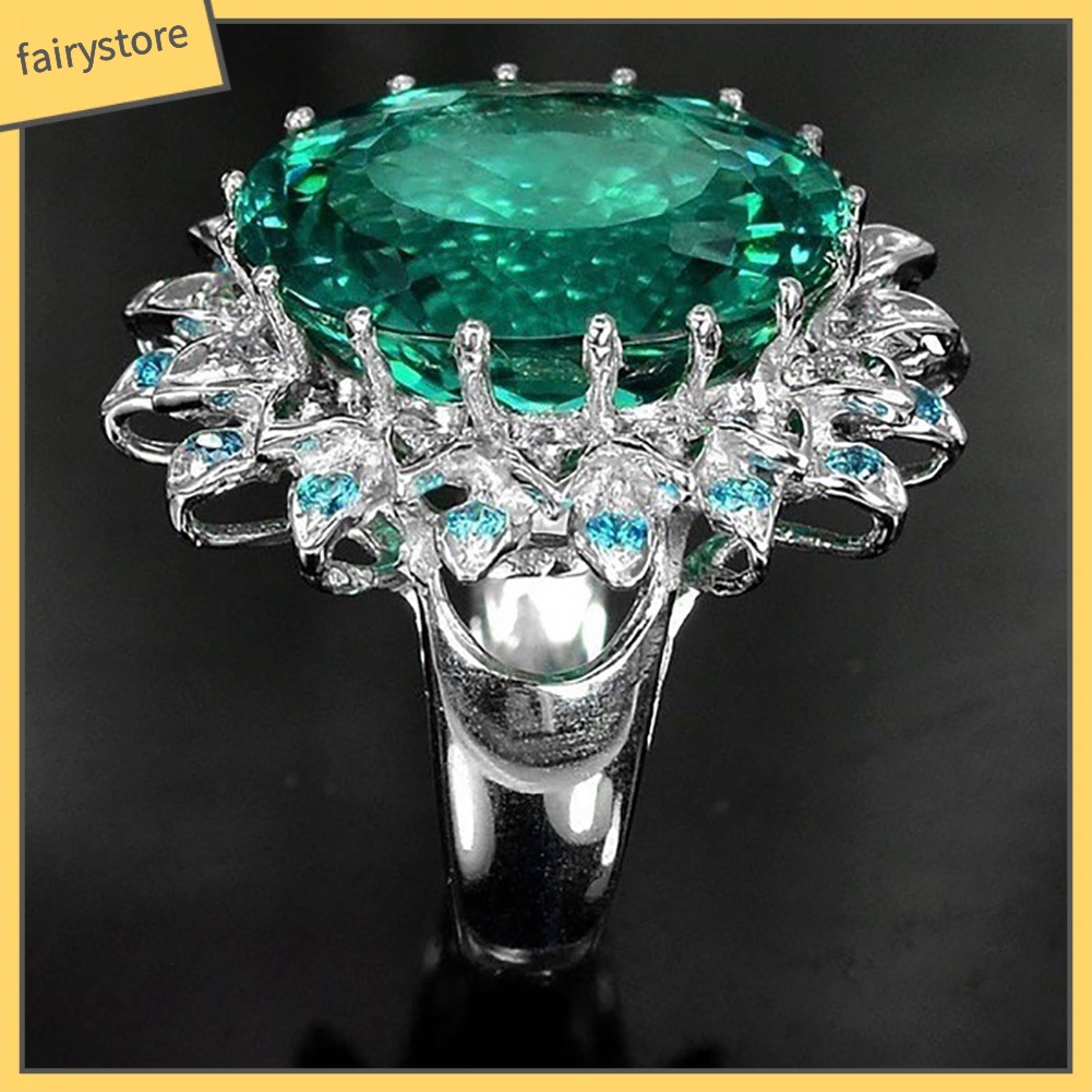 Nhẫn mặt zircon màu xanh lá hình bầu dục thời trang cho nữ