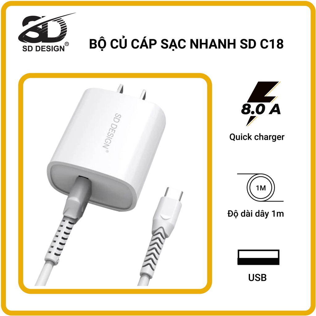Bộ Sạc Nhanh C18 50W chính hãng SD DESIGN hỗ trợ sạc nhanh an toàn cho các dòng điện thoại bảo hành 1 đổi 1