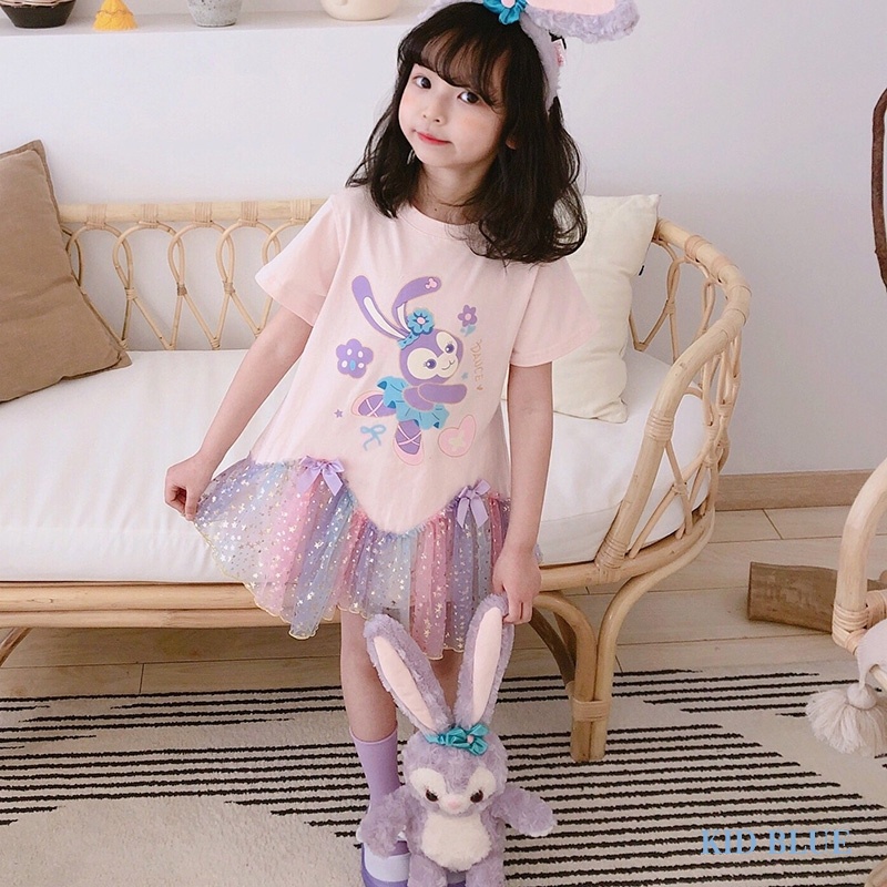 Đầm Cổ Tròn Tay Ngắn Phối Lưới In Họa Tiết Hoạt Hình Phong Cách Phương Tây Thời Trang Mùa Hè Cho Bé Gái